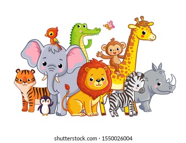 Vector illustration with african animals on a white background. Cute animals in cartoon style. Big set.