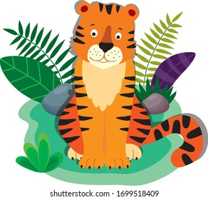 Vector illustration with african animals on a white background. Cute tiger in cartoon style.