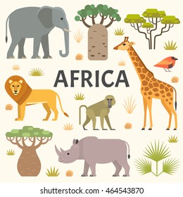 Vector illustration of African animals and plants: lion, baboon, elephant, giraffe, rhino, trees and grass, isolated on light background.