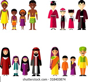  Vector illustration of african, asian, arab, indian family 
Set of international family dressed in national costumes
