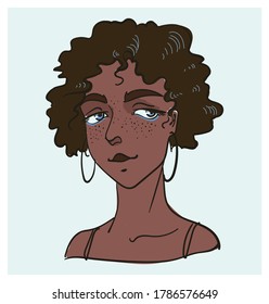 Vector illustration African beautiful woman portrait.Brunette curly haired young model with dark skin with blue eyes,on a soft turquoise background