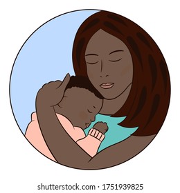 Vector illustration with an african black caring loving mother and a cute sleeping baby