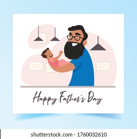 Vector Illustration Of African Black Father Holding Baby Son and Daughter In Arms. Cartoon Flat Illustration with background.