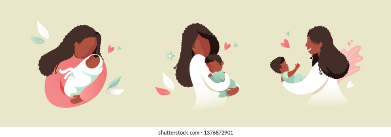 Vector Illustration Of African Black Mother Holding Baby Son Or Daughter In Her Arms. Cartoon Flat Illustration.