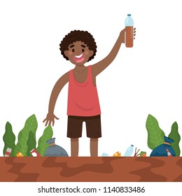 vector illustration African boy holding dirty water bottle in polluted river 