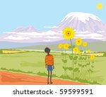 vector illustration of an african boy looking up at a sunflower with mount kilimanjaro in the background