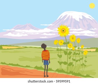Vector Illustration Of An African Boy Looking Up At A Sunflower With Mount Kilimanjaro In The Background