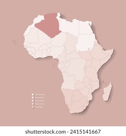 Vector Illustration with African continent with borders of all states and marked country Algeria. Political map in camel brown with central, western, south and etc regions. Beige background