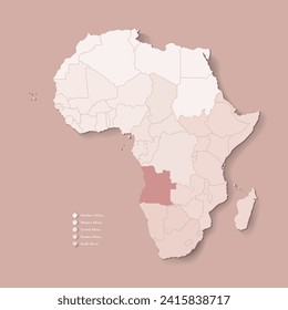 Vector Illustration with African continent with borders of all states and marked country  Angola. Political map in camel brown with central, western, south and etc regions. Beige background