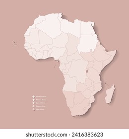 Vector Illustration with African continent with borders of all states and marked country Burundi. Political map in camel brown with central, western, south and etc regions. Beige background