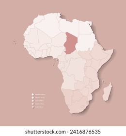 Vector Illustration with African continent with borders of all states and marked country Chad. Political map in brown colors with western, south and etc regions. Beige background