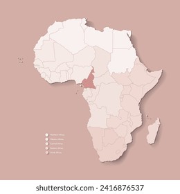 Vektorgrafik mit dem afrikanischen Kontinent mit Grenzen aller Staaten und markiertem Land Kamerun. Politische Karte in Kamelbraun mit zentralen, westlichen, südlichen und etc Regionen. Beiger Hintergrund