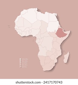 Ilustración vectorial con el continente africano con fronteras de todos los estados y país marcado Etiopía. Mapa político de colores marrones con regiones occidentales, del sur y otras. Fondo beige