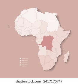 Vector Illustration with African continent with borders of all states and marked country Democratic Republic of the Congo. Political map in brown colors. Beige background