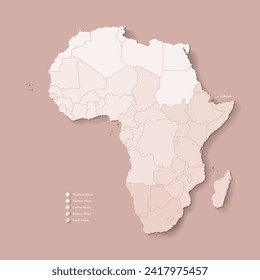 Vector Illustration with African continent with borders of all states and marked country Djibouti. Political map in brown colors with western, south and etc regions. Beige background
