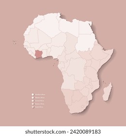 Vector Illustration with African continent with borders of all states and marked country Ivory Coast. Cote D'ivore political map in brown colors with western, south and etc regions. Beige background