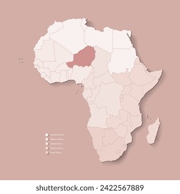 Vector Illustration with African continent with borders of all states and marked country Niger. Political map in brown colors with western, south and etc regions. Beige background