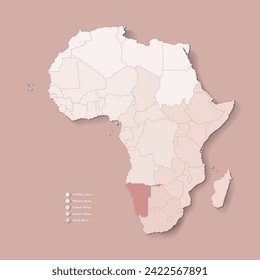 Vector Illustration with African continent with borders of all states and marked country Namibia. Political map in brown colors with western, south and etc regions. Beige background