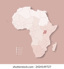 Vektorgrafik mit dem afrikanischen Kontinent mit Grenzen aller Staaten und markiertem Land Uganda. Politische Karte in braunen Farben mit westlichen, südlichen und etc Regionen. Beiger Hintergrund