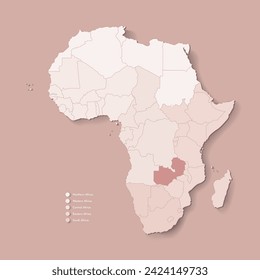 Vector Illustration with African continent with borders of all states and marked country Zambia. Political map in brown colors with western, south and etc regions. Beige background