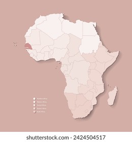 Vector Illustration with African continent with borders of all states and marked country Senegal. Political map in brown colors with western, south and etc regions. Beige background