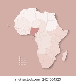 Vector Illustration with African continent with borders of all states and marked country Nigeria. Political map in brown colors with western, south and etc regions. Beige background