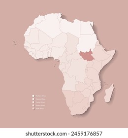 Vector Illustration with African continent with borders of all states and marked country South Sudan. Political map in brown colors with western, south and etc regions. Beige background