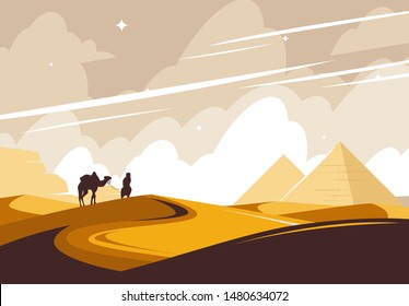 Vector illustration of an African desert, pyramids on the horizon, a silhouette of a bidouin walking through the desert with a camel