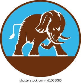 vector illustration of an african elephant charging attacking done in retro woodcut style