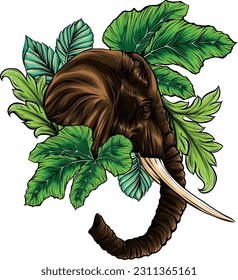 vector illustration of African elephant head with leaves