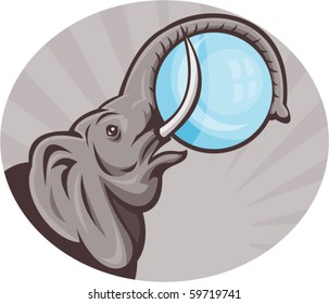 vector illustration of an african elephant with sphere ball done in retro woodcut style set inside oval