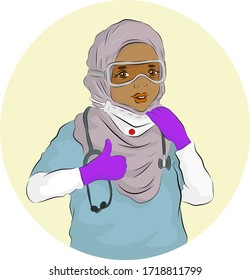 Vector illustration of a African female muslim doctor wearing hijab posing ok, smiling, feeling strong and happy for fighting with coronavirus during  COVID-19 Pandemic Outbreak
