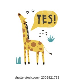 Vector illustration of an African giraffe. Children's style. Postcard as a gift. Composition of giraffe and plants. Easily editable. Suitable for printing in various sizes.