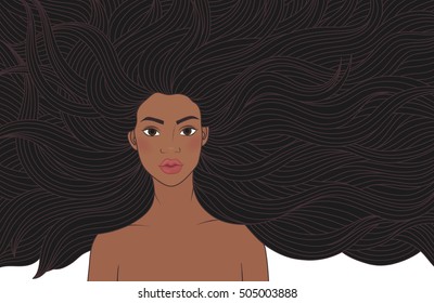 Vector illustration African girl with very long hair. woman model, fashion beauty salon. African-American hairstyle. For signs, banners, advertisements, business cards