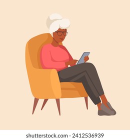 Vector illustration of african grandmother sitting in a chair with a phone in warm colors. Communication with the older generation via the Internet. Studying modern technologies by old parents.