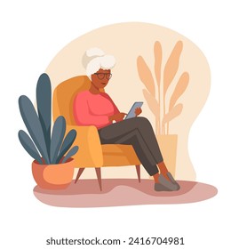 Vector illustration of African grandmother sitting in a chair with a phone in warm colors. Studying modern technologies by old parents. Communication with the older generation via the Internet. 