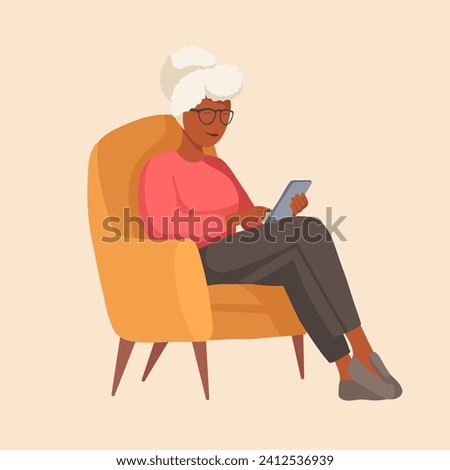 Vector illustration of african grandmother sitting in a chair with a phone in warm colors. Communication with the older generation via the Internet. Studying modern technologies by old parents.