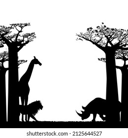Vector illustration of an African landscape with baobab trees. Black silhouette of a giraffe and a rhinoceros.