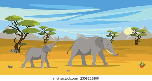 Vector illustration of African landscape. Cartoon scene of a summer desert landscape with an elephant and a baby elephant, a kangaroo with a baby kangaroo, trees, rocks, sand, a river and grass.