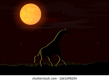 Vector illustration of an African landscape with wildlife on a night scene, full moon and night sky. Giraffe on the background of the moon. Safari theme.