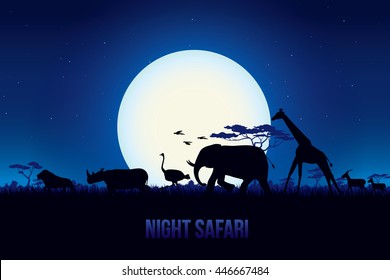 Vector illustration of African landscape with wildlife at night scene, Full moon and night sky. Safari theme