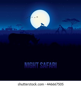 Vector illustration of African landscape with wildlife at night scene, Full moon and night sky. Safari theme