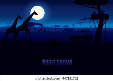Vector illustration of African landscape with wildlife at night scene, Full moon and night sky. Safari theme