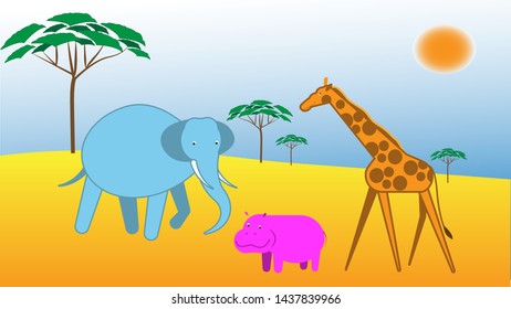 Vector illustration with african lanscape and animals