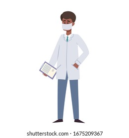 Imagen vectorial de los médicos africanos con mascarilla protectora aislados en blanco. Trabajadores médicos con protección contra la contaminación atmosférica urbana, las enfermedades transmitidas por el aire y el coronavirus.