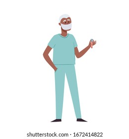 Vector illustration of african man nurses in protective face mask with blood tube isolated on white. Medical workers wearing protection from urban air pollution, airborne diseases, coronavirus.
