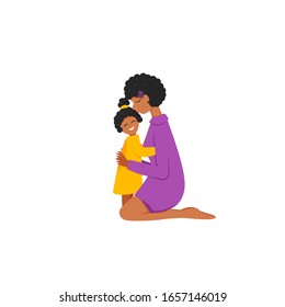 Vector illustration of african mom cuddle daughter isolated. Flat concept characters of parent and child. Afro mommy sits on knees and hugs little girl. Cute design of mother's love and happy family