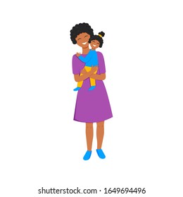 Vector illustration of african mom holds daughter.  Flat illustration of mom's love. Greeting card for mother's day with happy mummy hugging, care and holding her little girl. Colorful afro characters