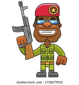 Vector Illustration eines afrikanischen Ureinwohner-Cartoons. Ein Krieger mit Maschinengewehr. Ungewöhnliche Logo-Vorlage isoliert auf einem weißen Hintergrund