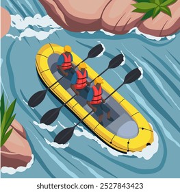 Ilustración vectorial de africanos haciendo rafting en la vista superior del río. Ocio deportivo activo en estilo plano. Hobby extremo de deportes acuáticos con amigos.